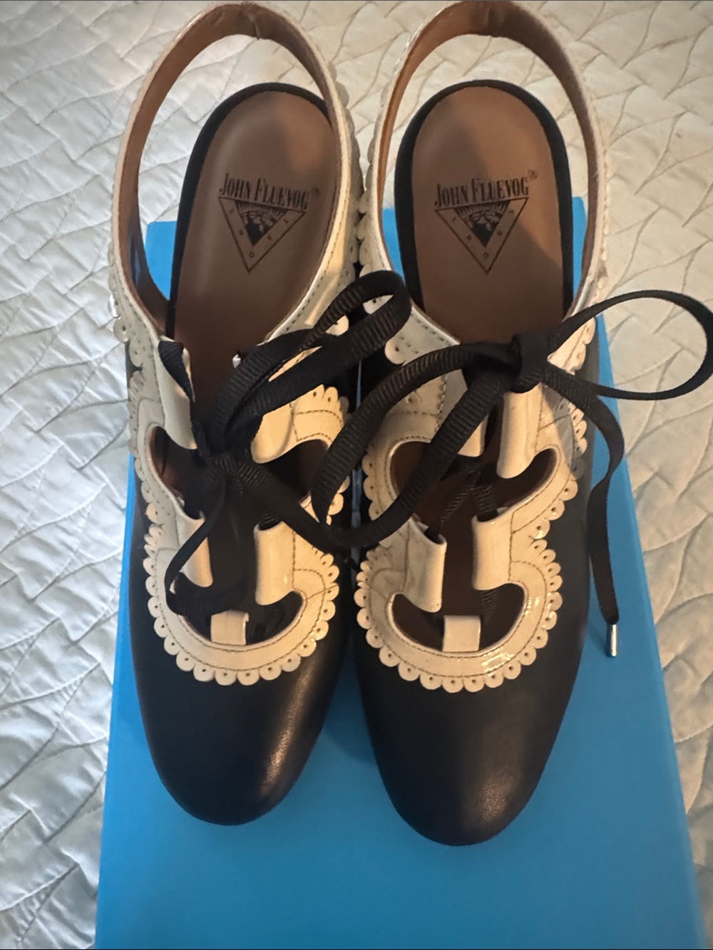 John Fluevog Black and Cream Lace-Up Miracles Levitation Slingback Heels